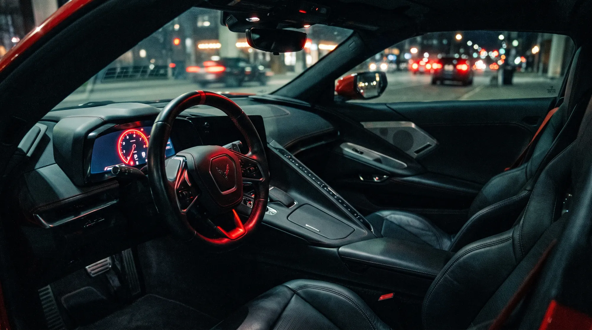 Driver's view of a performance car cockpit at night